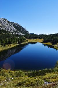 Scenic view of lake against clear blue sky