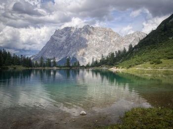 Scenic view of lake and mountains against sky