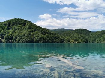 Scenic view of swimming pool by lake against sky