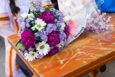 High angle view of flower bouquet on table