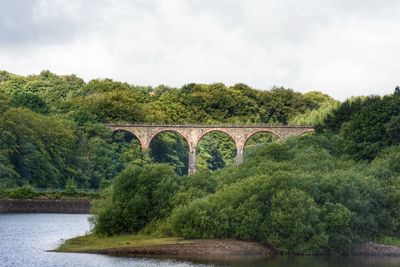 Arch bridge over river against sky