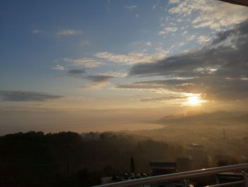 Aerial view of city against sky during sunset