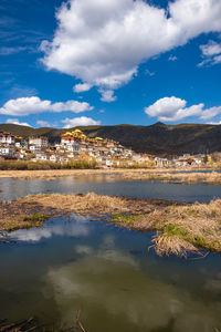 Scenic view of lake by buildings against blue sky