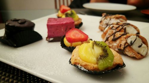 Close-up of dessert served on table