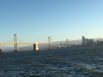 View of suspension bridge in city