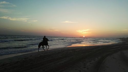 Woman with dog on beach against sky during sunset