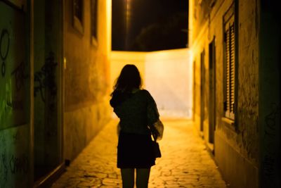 Rear view of woman standing on alley amidst building