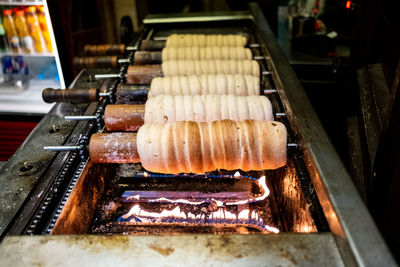 High angle view of food on barbecue grill