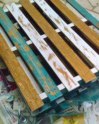 High angle view of books on shelf