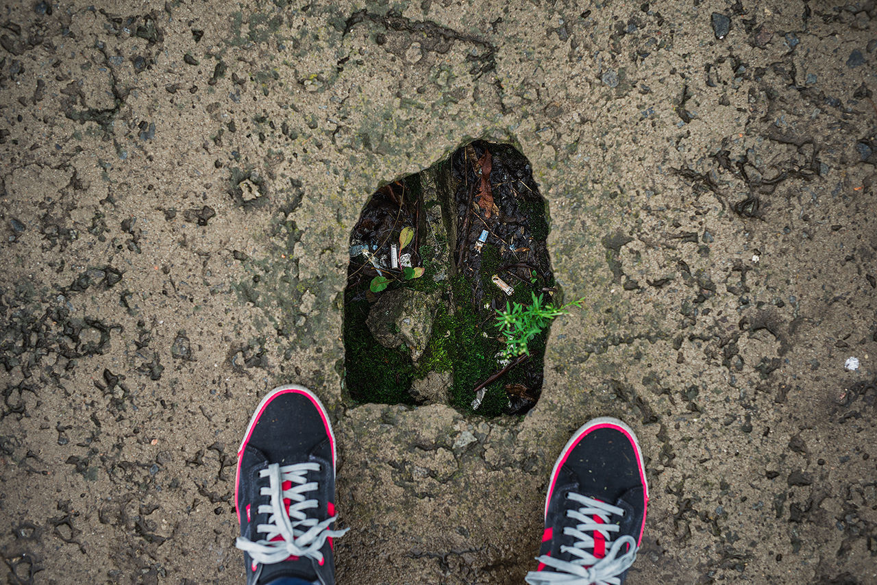 HIGH ANGLE VIEW OF PERSON STANDING ON GROUND