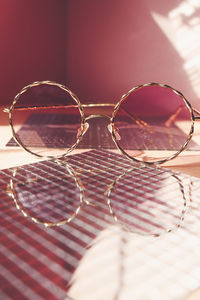 Close-up of eyeglasses on table