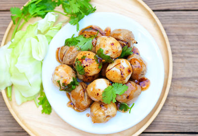 High angle view of food in plate on table