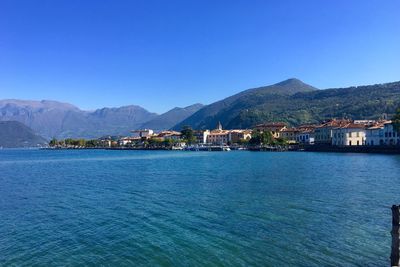 Scenic view of sea against clear blue sky