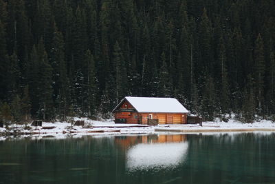 House by lake in forest