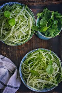 High angle view of chopped vegetables in bowl on table