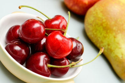 High angle view of apples in bowl on table