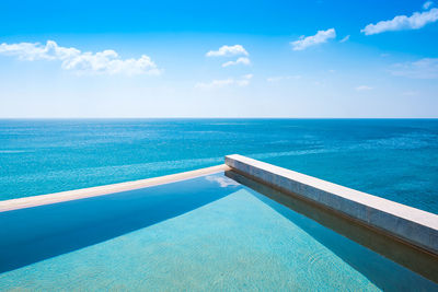 Swimming pool by sea against sky