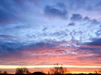 Silhouette trees against dramatic sky during sunset