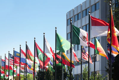 Low angle view of flags against clear sky