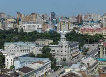 High angle view of buildings against clear sky