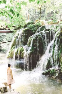 Rear view of woman standing by waterfall in forest