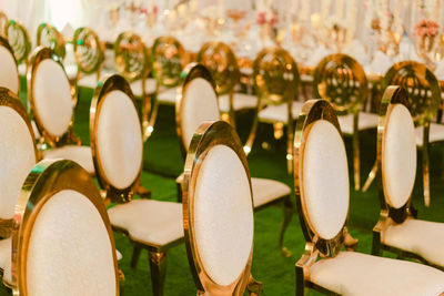 Close-up of chair at wedding ceremony