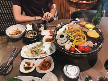 High angle view of food served on table