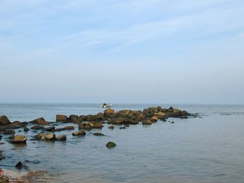 Rocks on sea shore against sky