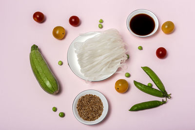 High angle view of fruits in plate on table