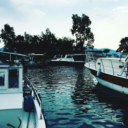 Boats moored on shore against sky