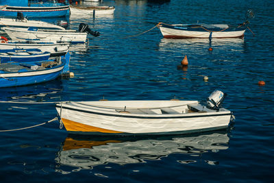 High angle view of boats moored in sea