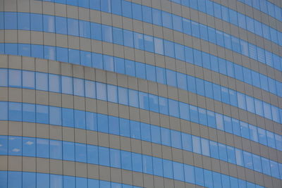 Low angle view of glass building against blue sky