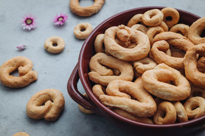 High angle view of cookies in plate on table