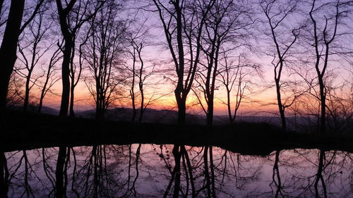 Silhouette bare trees by lake against sky at sunset