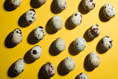 Top view - quail eggs on pastel yellow background. minimal happy easter composition. minimalism.