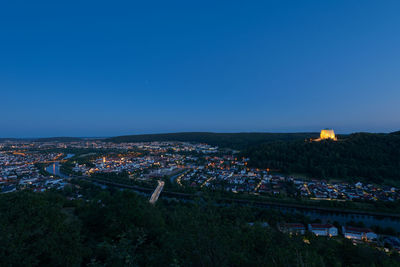 High angle view of townscape against clear blue sky