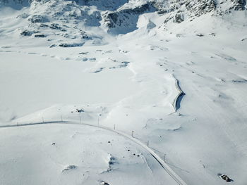 High angle view of snow covered field