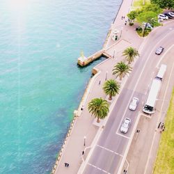 High angle view of road by sea