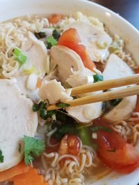 Close-up of noodles served in bowl