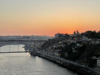 Bridge over river against sky during sunset