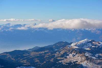 Aerial view of snowcapped mountains against sky