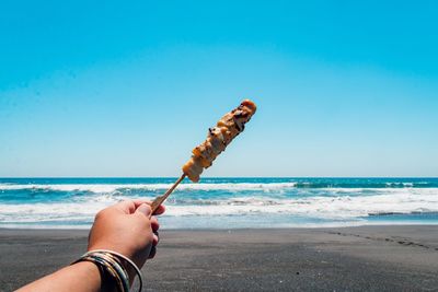 Man holding yakitori on beach against clear sky and sea