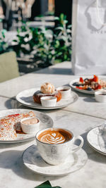 High angle view of breakfast served on table