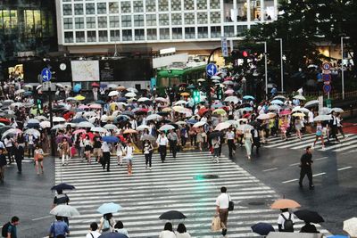 High angle view of crowd walking on zebra crossing during rainy season