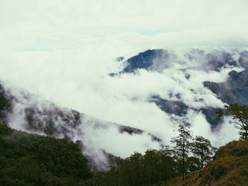 Scenic view of waterfall in forest against sky