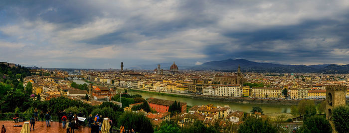 High angle view of buildings against cloudy sky