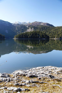 Scenic view of lake and mountains against clear sky