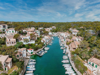 Aerial view of the fishing village in mallorca, spain.