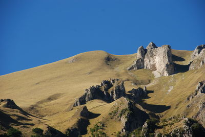 Low angle view of desert against clear blue sky