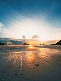Sunrise reflections on the beach sand.